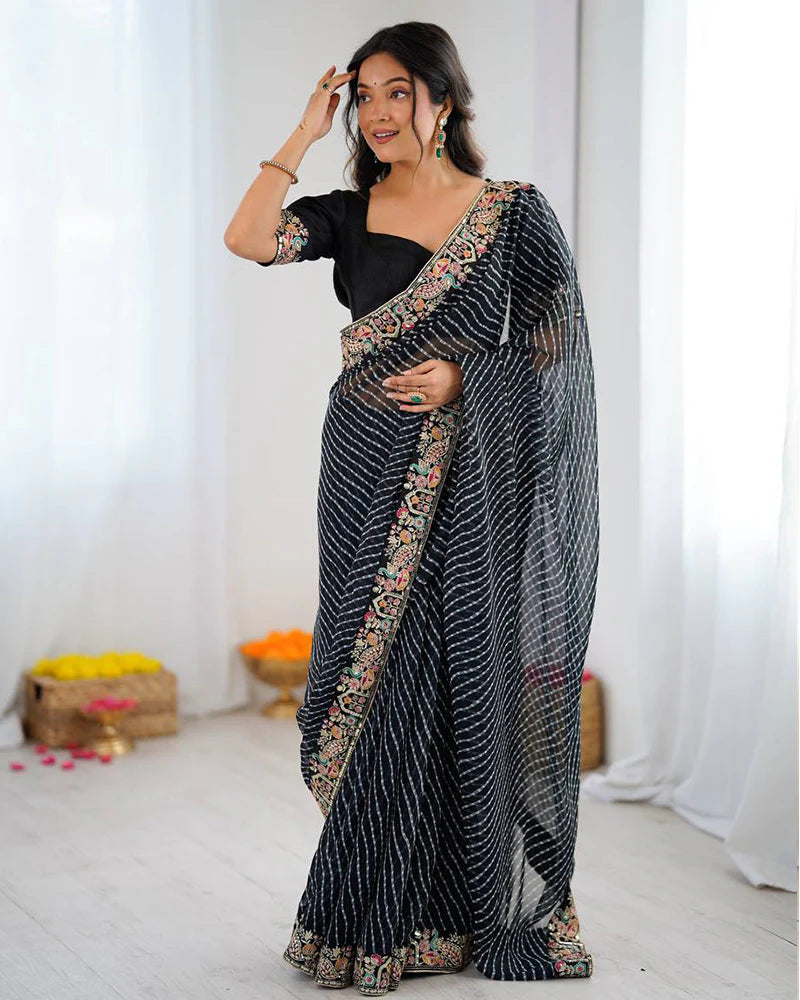 Womenline Black Color Faux Georgette Bandhej Print Saree