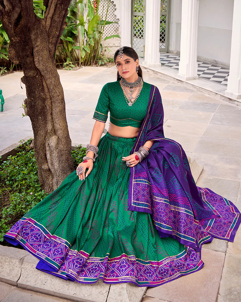 Womenline Elegant Green Color Tussar Silk Bandhej Navratri Lehenga Choli