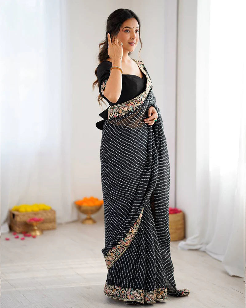 Womenline Black Color Faux Georgette Bandhej Print Saree