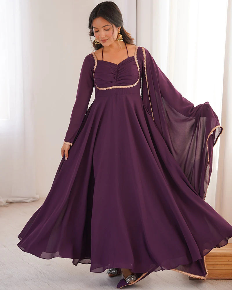 Womenline Wine Color Pure Blooming Georgette Anarkali Gown