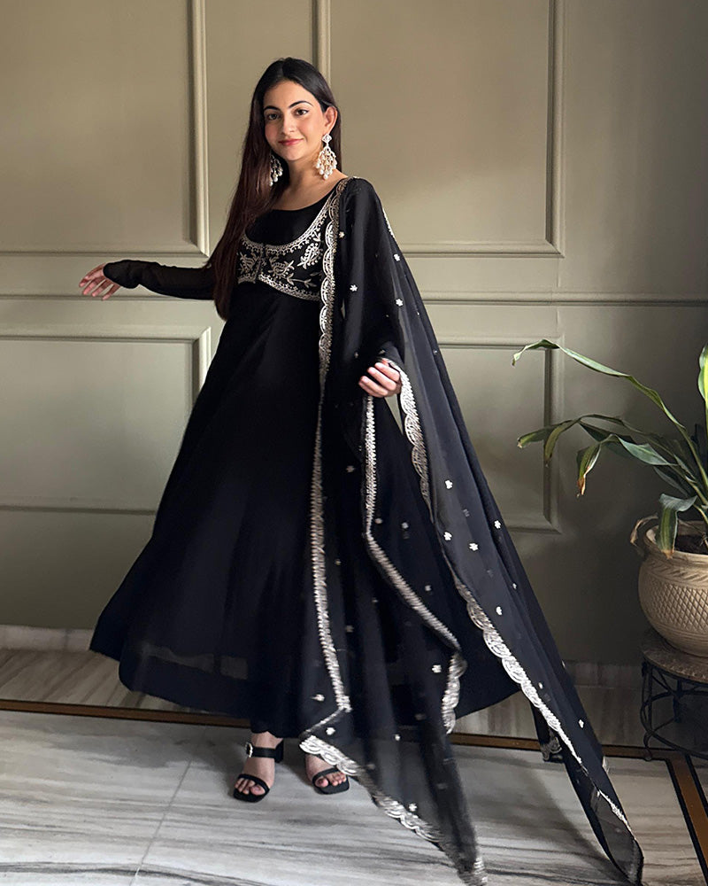 Womenline Black Color Faux Georgette Embroidered Anarkali Suit