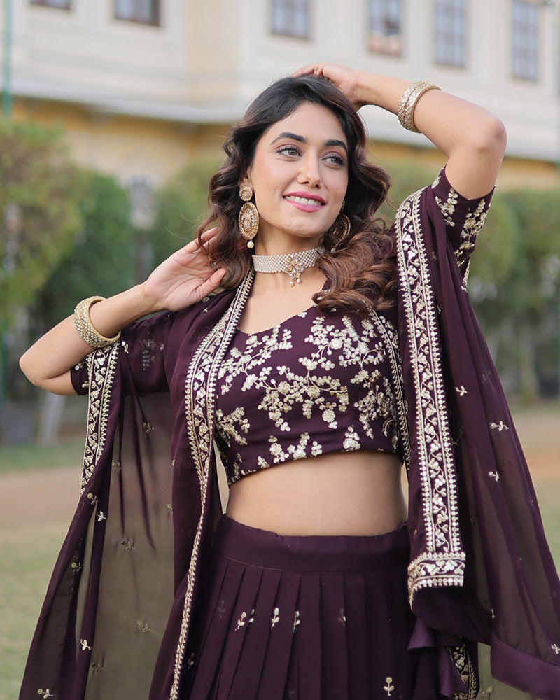 Womenline Wedding Wear Dark Wine Color Designer Blooming Lehenga Choli