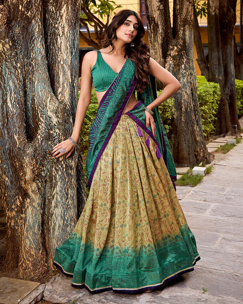 Womenline Firozi Color Vichitra Silk Printed Lehenga Choli