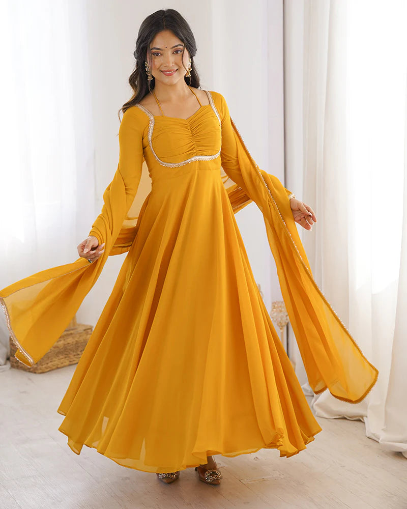 Womenline Yellow Color Pure Blooming Georgette Anarkali Gown