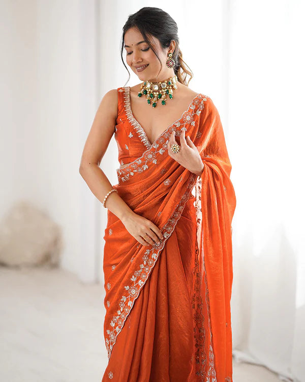 Womenline Rust Orange Color Fendi Silk Embroidered Saree