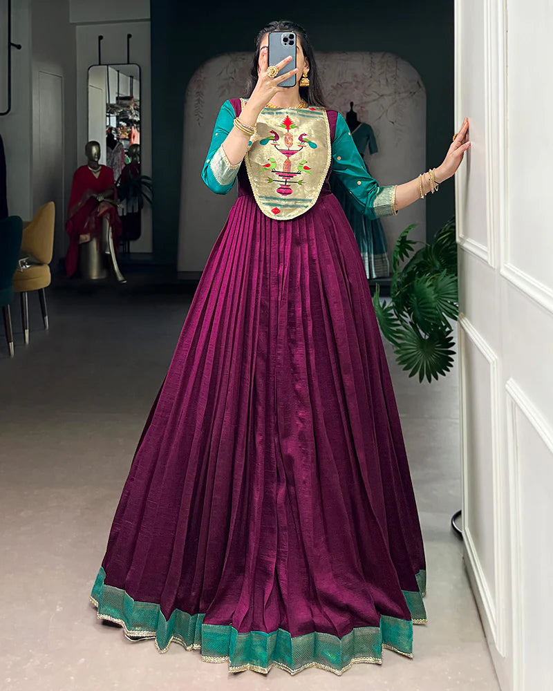 Womenline Wine Color Vichitra Silk Zari Weaving Gown