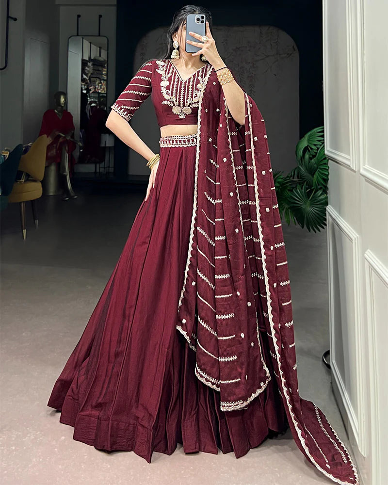 Womenline Maroon Color Rangoli Crush Embroidered Lehenga Choli