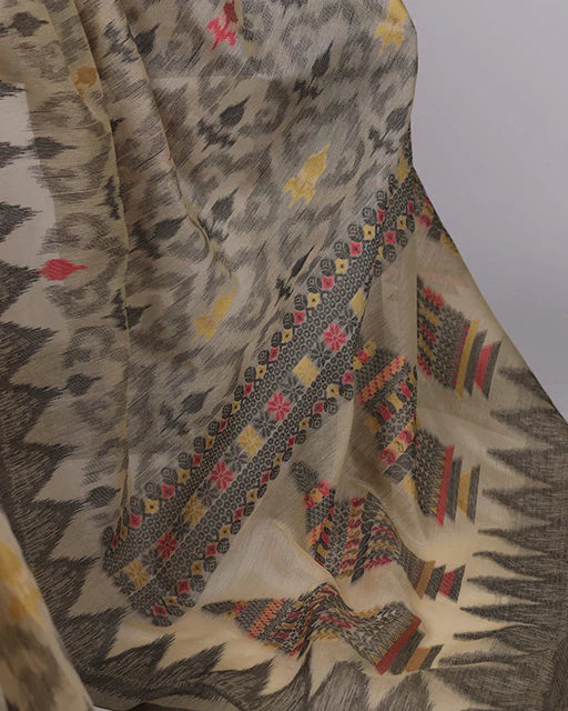 Womenline Cream Color Thread Weaving Poly Cotton Saree