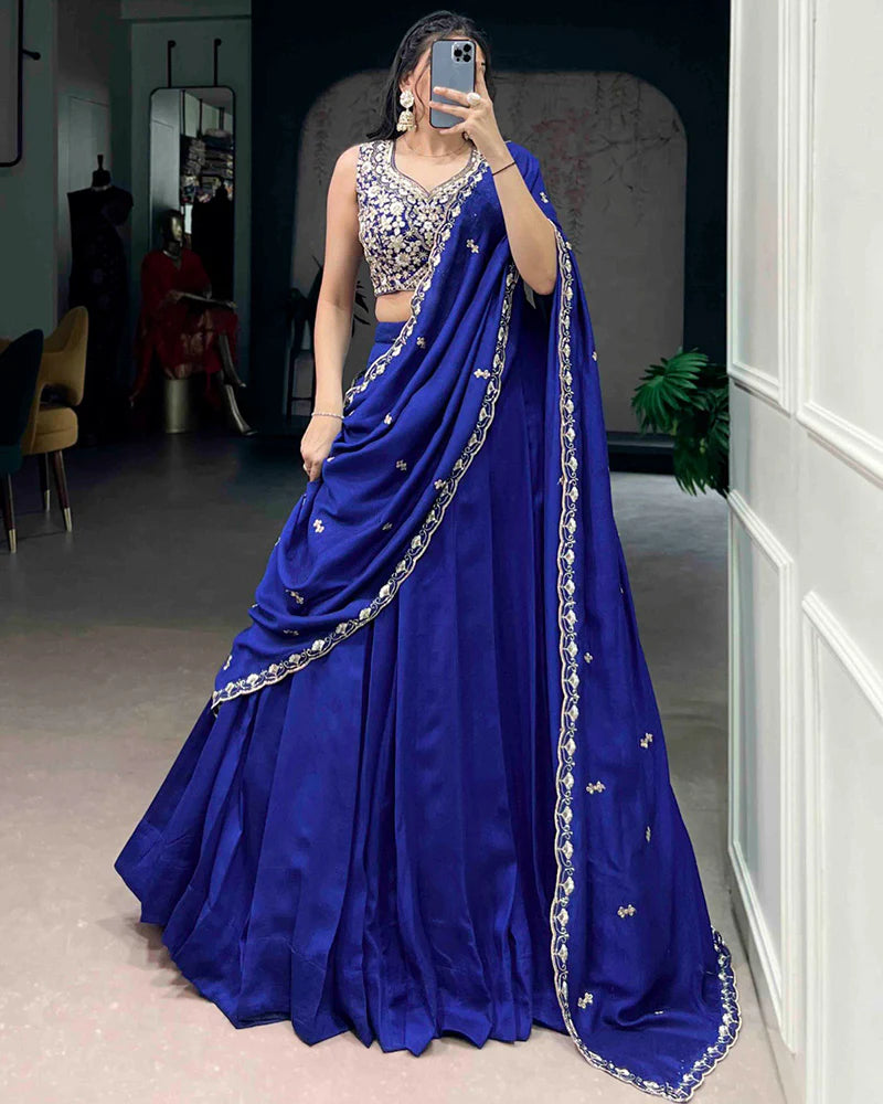 Womenline Royal Blue Color P.C. Kashmiri Embroidered Lehenga Choli