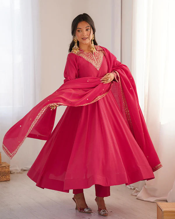 Womenline Rani Pink Color Pure Shimmer Silk Anarkali Suit