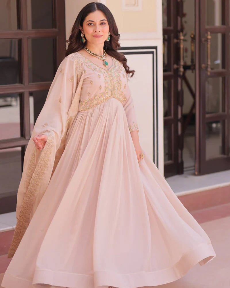 Womenline Cream Color Star Georgette Embroidered Gown