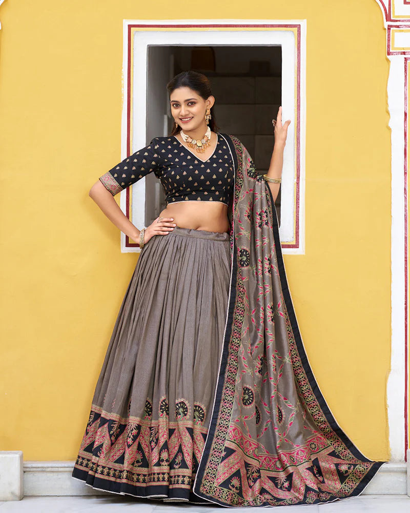 Womenline Black Color Tasar Silk Printed Sparkle Lehenga Choli