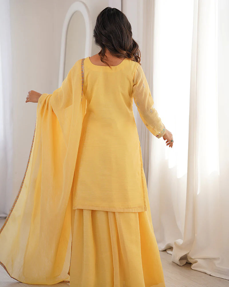 Womenline Yellow Color Crunchy Silk Embroidered Plazzo Suit