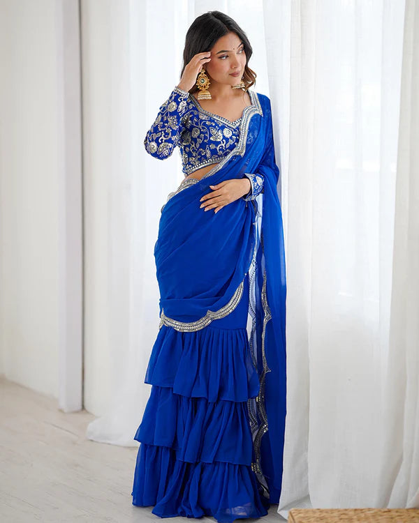 Womenline Blue Color Faux Georgette Ruffle Lehenga Saree