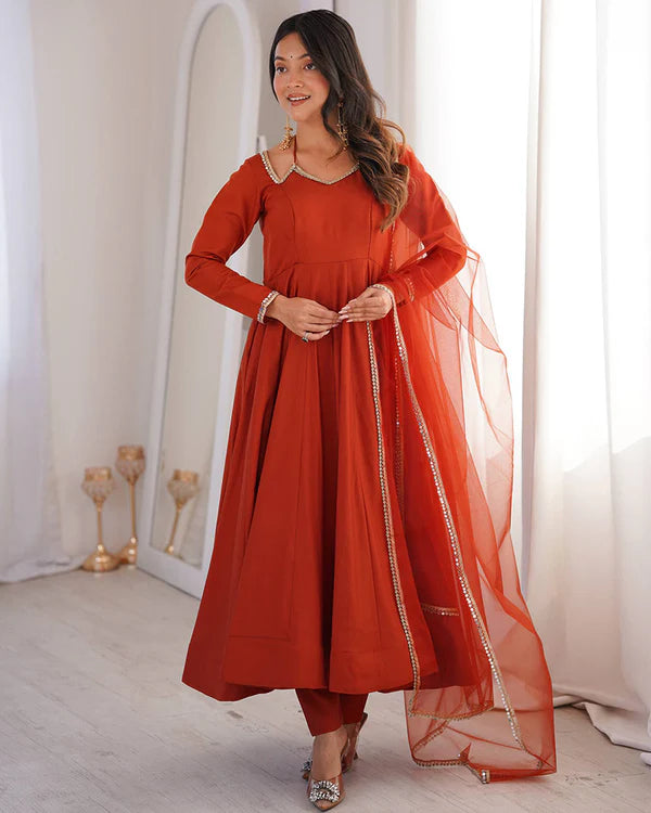 Womenline Rust Orange Color Chanderi Roman Silk Three Piece Anarkali Suit