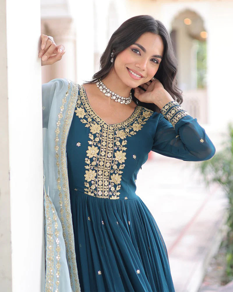 Womenline Peacock Blue Color Faux Blooming Embroidered Gown
