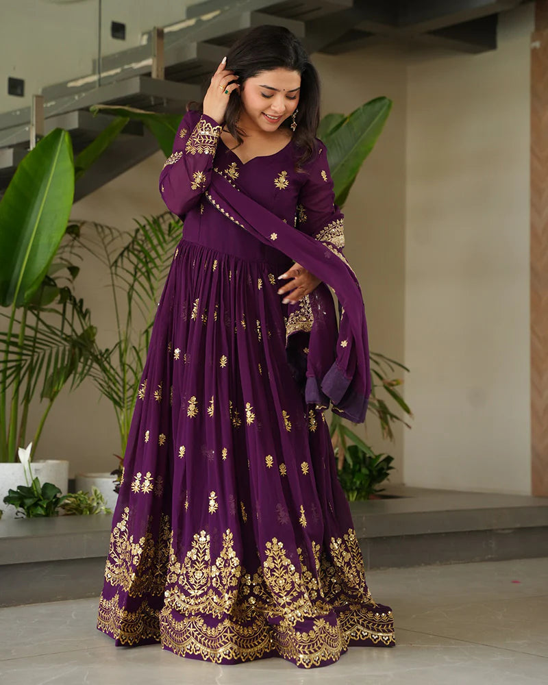 Womenline Purple Color Designer Blooming Embroidered Gown