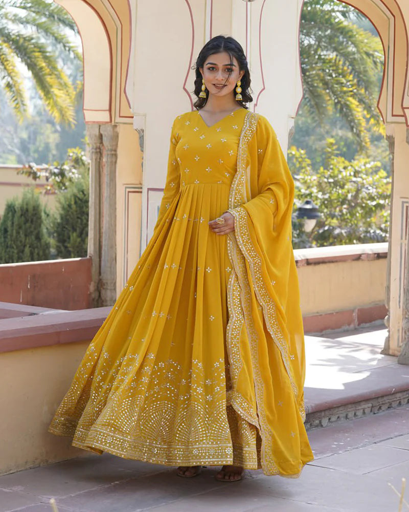 Womenline Yellow Color Full Flair Anarkali Gown With Embroidered Dupatta