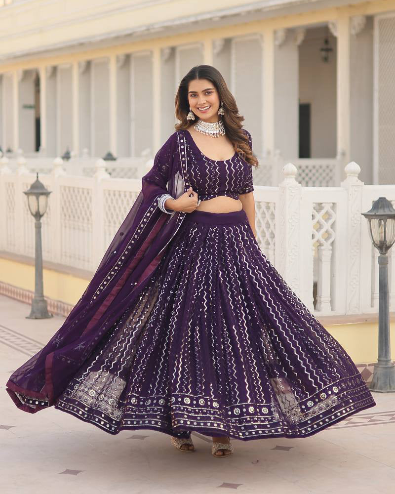 Womenline Wine Color Blooming Soft Georgette Heavy Embroidery Threaded Semi Stitched Lehenga Choli