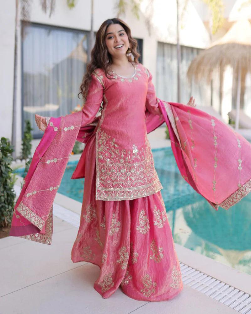 Womenline Peach Color Fendi Crush Embroidered Plazzo Suit