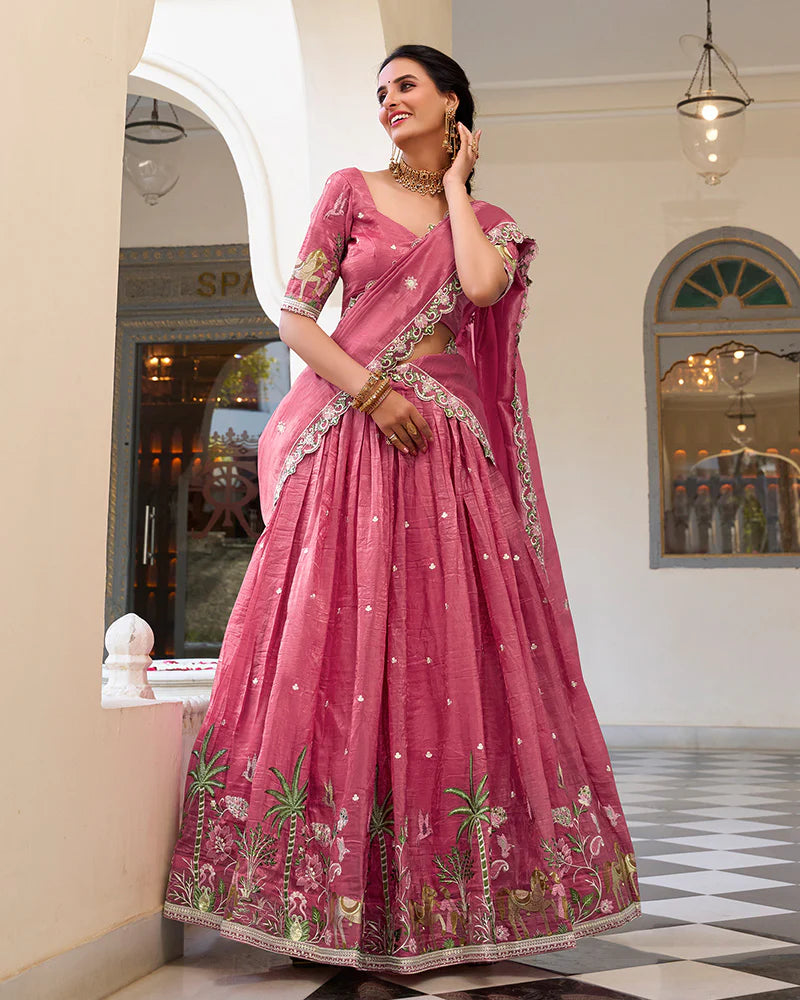 Womenline Pink Color Gold Crush Embroidered Lehenga Choli