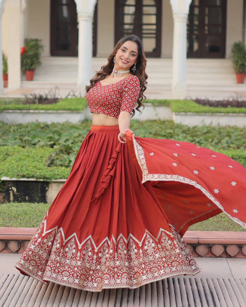 Womenline Rust Orange Color Vichitra Silk Embroidered Lehenga Choli