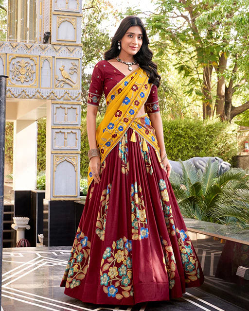 Womenline Maroon Color Tussar Silk Printed With Foil Work Lehenga Choli