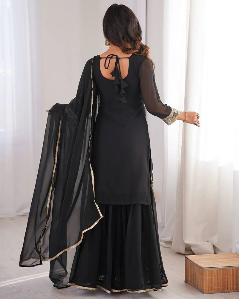 Womenline Black Color Soft Georgette Embroidered Sharara Suit