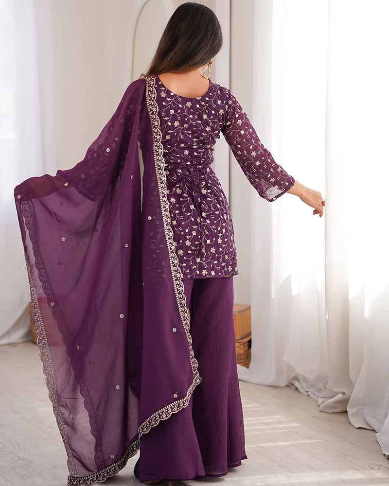Womenline Dusty Mauve Color Crunchy Silk Embroidered Plazzo Suit
