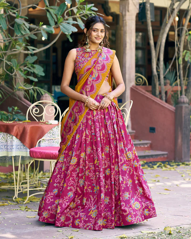 Womenline Pink Color Tasar Silk Foil Printed Lehenga Choli