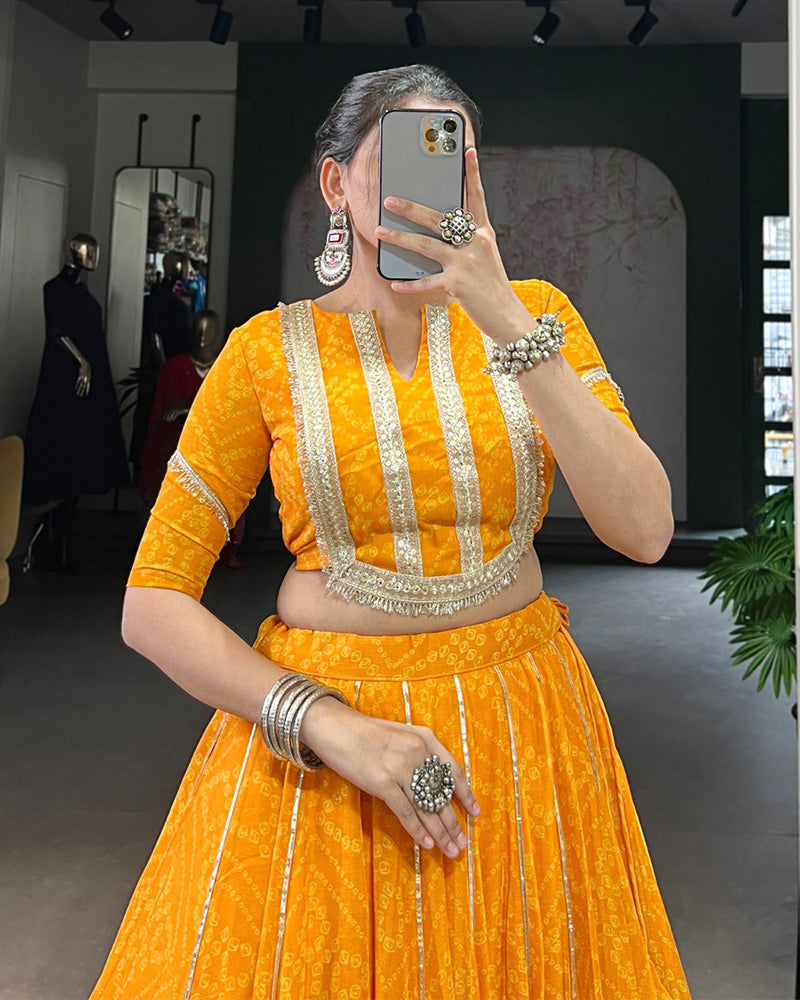 Womenline Yellow Color Chiffon Bandhej Printed Navratri Lehenga Choli