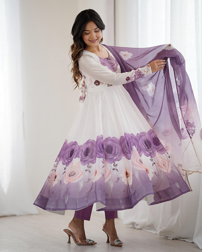 Womenline Violet Color Floral Pure Soft Tebby Organza Three Piece Anarkali Suit