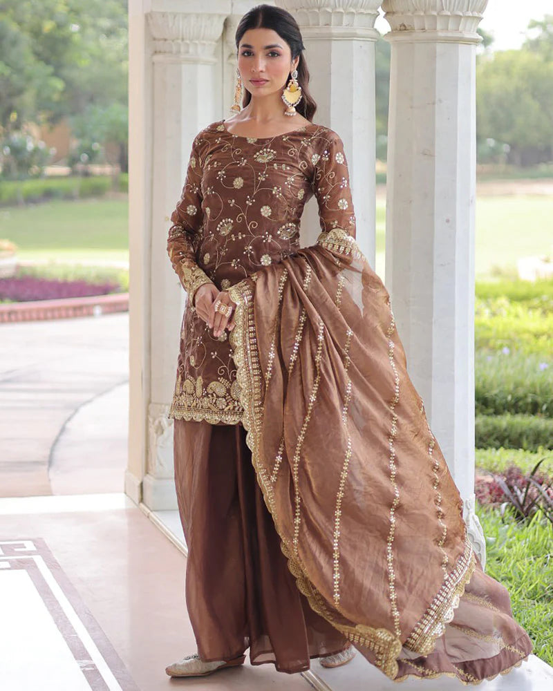 Womenline Coffee Color Fendi Silk Embroidered Sharara Suit