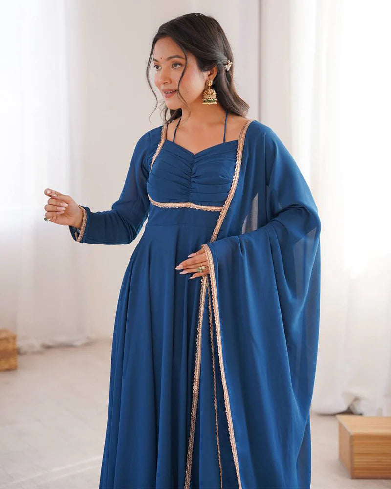 Womenline Teal Blue Color Pure Blooming Georgette Anarkali Gown