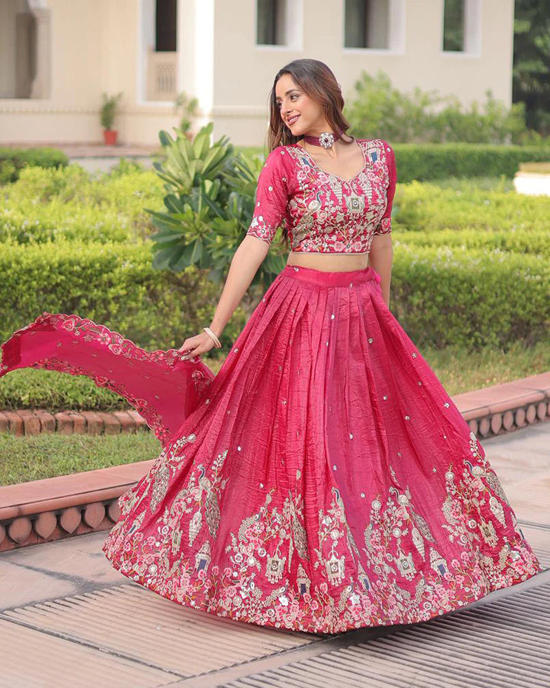 Womenline Tomato Color Gold Crush Embroidered Lehenga Choli