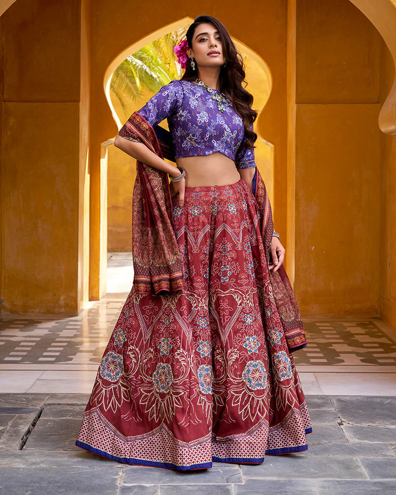 Womenline Maroon Color Vichitra Silk Printed And Embroidered Lehenga Choli