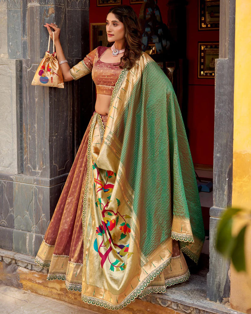 Womenline Brown Color Shimmer Organza Silk Lehenga Choli
