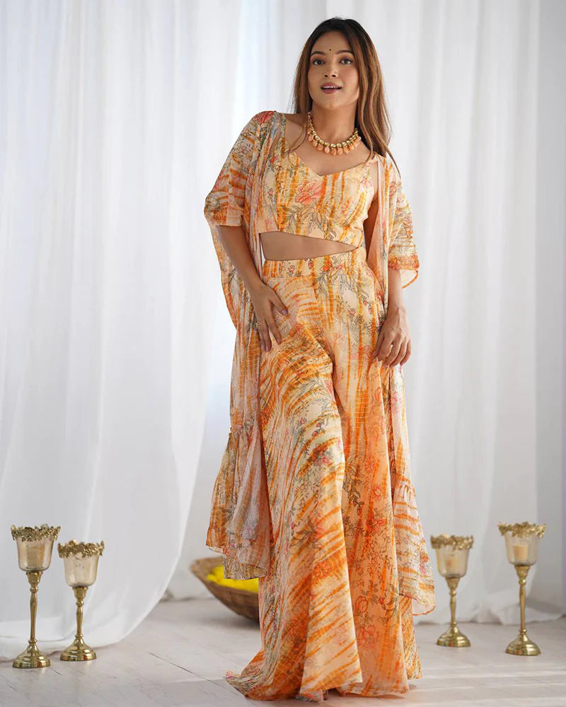Womenline Cream Color Soft Georgette Printed Plazzo Suit