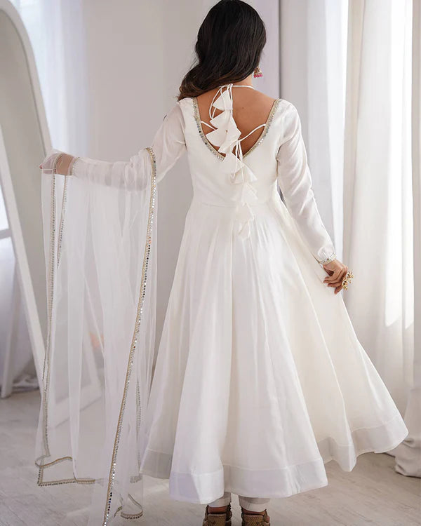 Womenline White Color Chanderi Roman Silk Three Piece Anarkali Suit