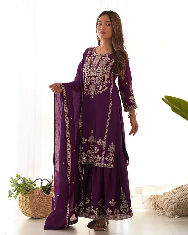 Womenline Wine Color Pure Chinon Silk Embroidered Plazzo Suit