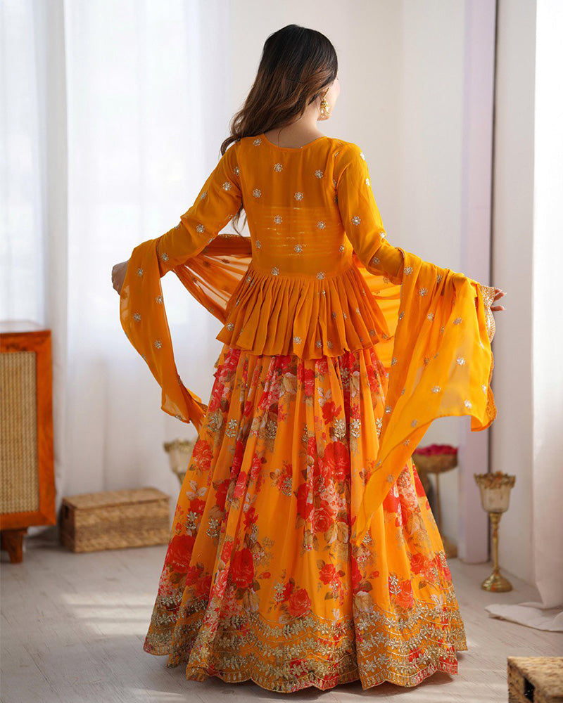 Womenline Mustard Color Georgette Printed And Embroidered Lehenga Choli