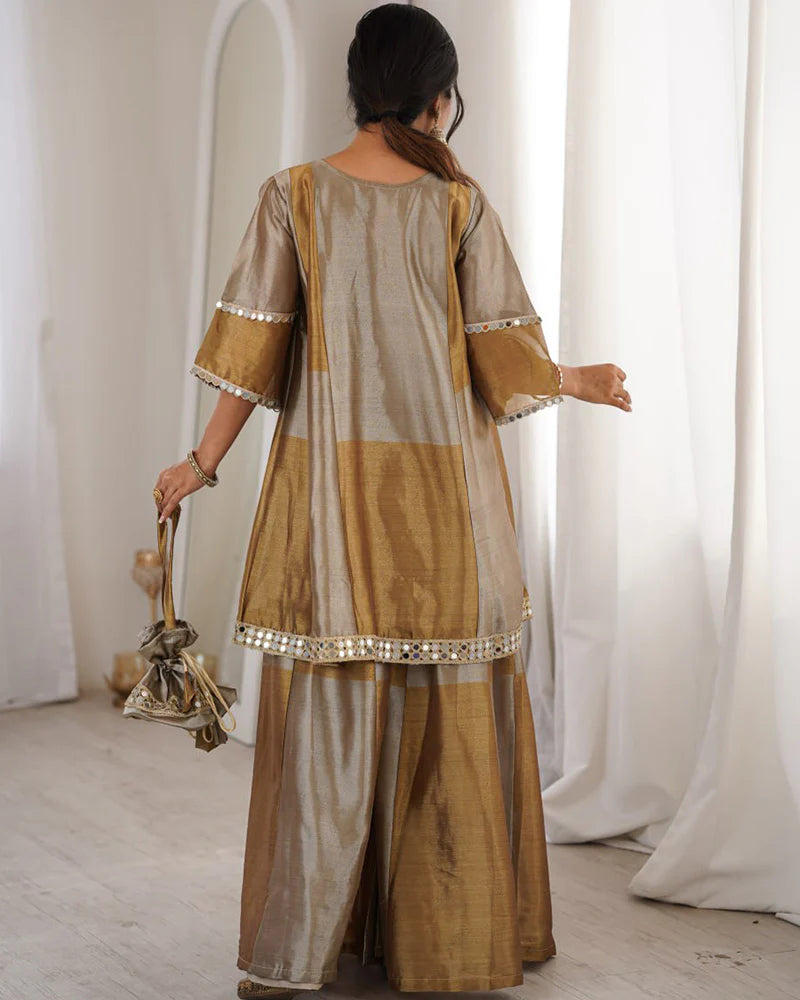 Womenline Grey Color Two-Tone Tissue Silk Embroidered Plazzo Suit