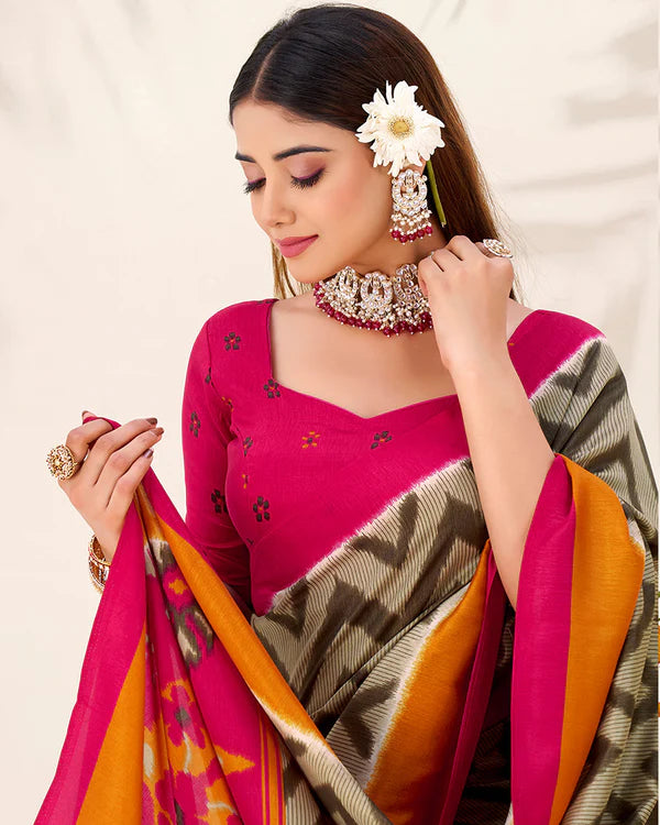 Womenline Mehndi Color Tasar Silk Printed Saree