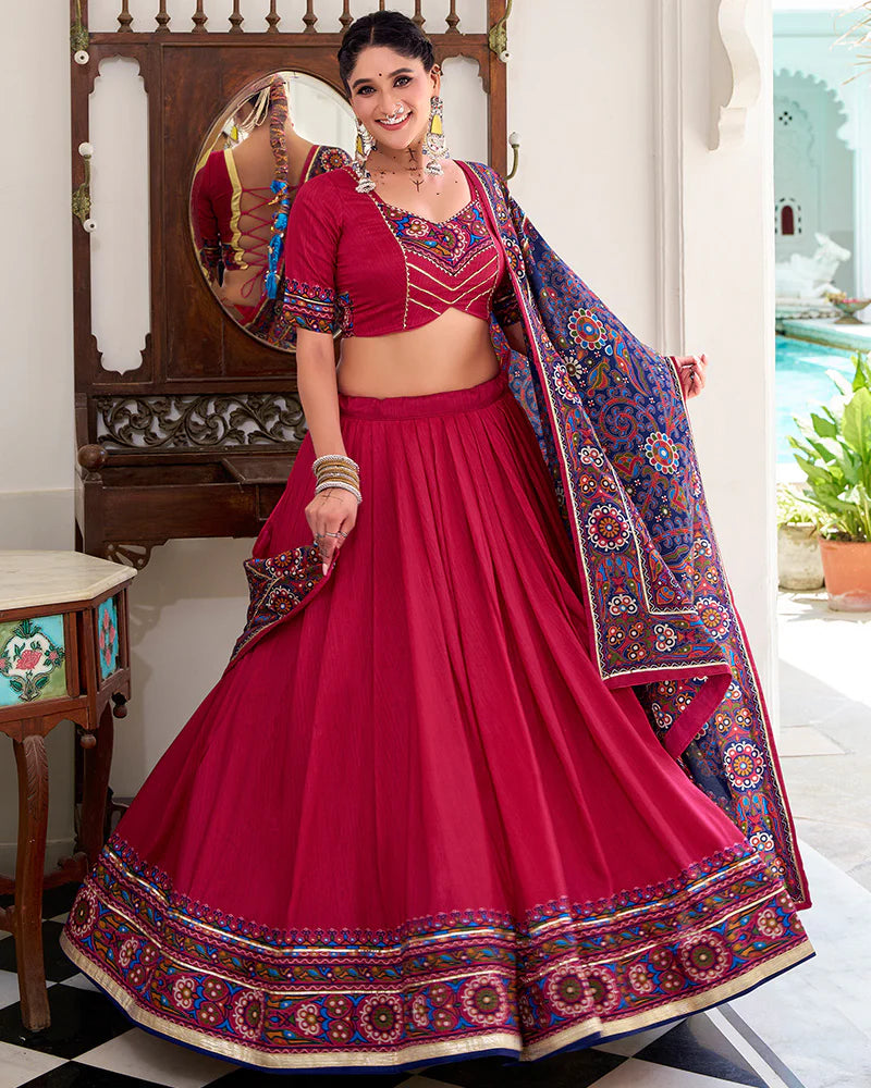 Womenline Pink Color Tussar Silk Full Stitched Navratri Lehenga Choli
