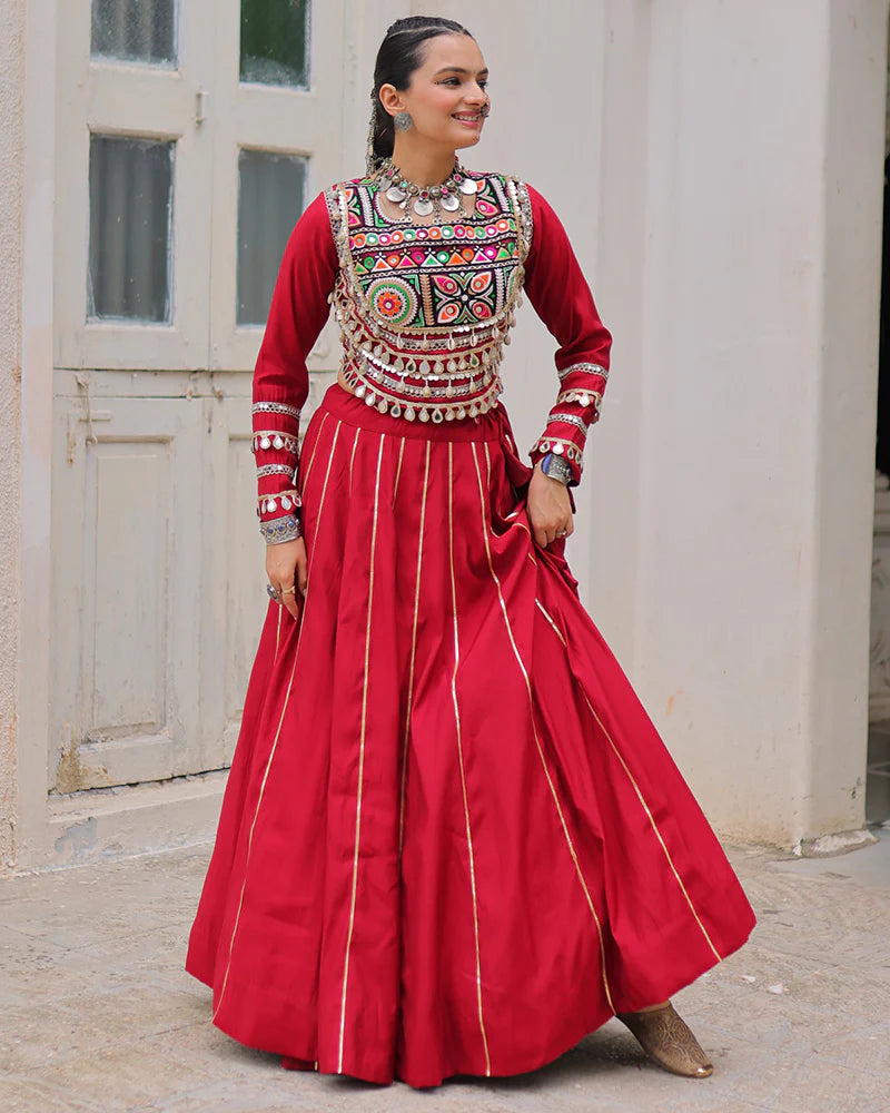 Womenline Maroon Color Roman Silk Navratri Lehenga Choli