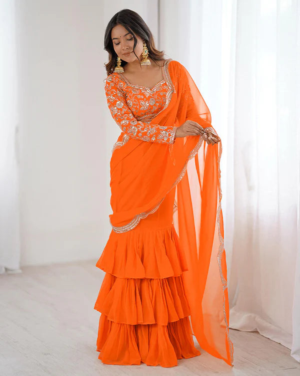 Womenline Orange Color Faux Georgette Ruffle Lehenga Saree