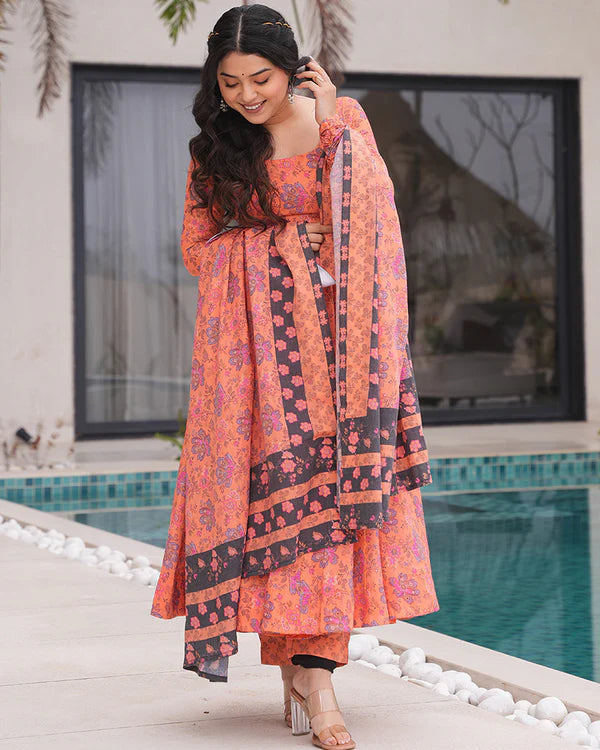 Womenline Orange Color Printed Soft Cotton Three Piece Anarkali Suit