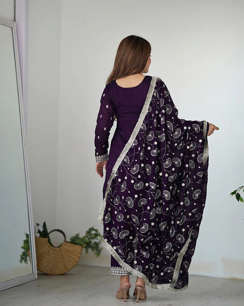 Womenline Purple Color Rangoli Silk Three Piece Kurti Suit
