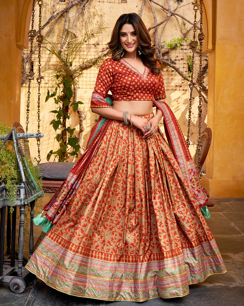 Womenline Rust Orange Color Tasar Silk Sparkle Lehenga Choli