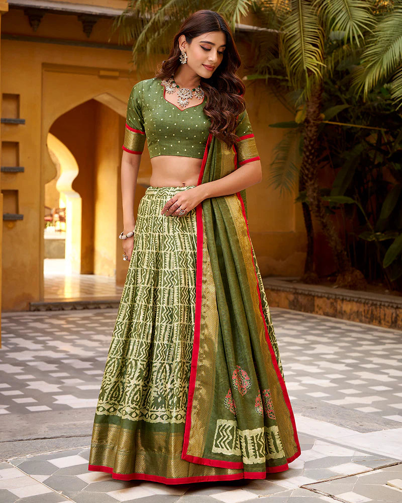 Womenline Mehndi Color Dola Silk Batik Printed Lehenga Choli